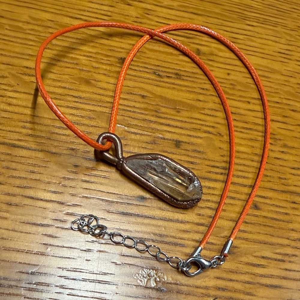 Orange Cord Necklace with Raw Crystal Pendant